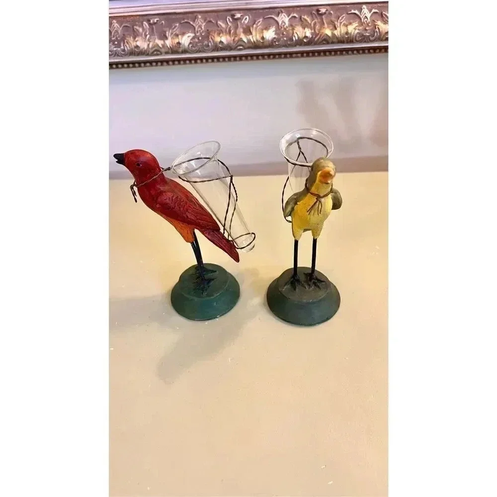 Set of 2 Hand-painted Birds‎ Finch Decorative Vase Candle Holders